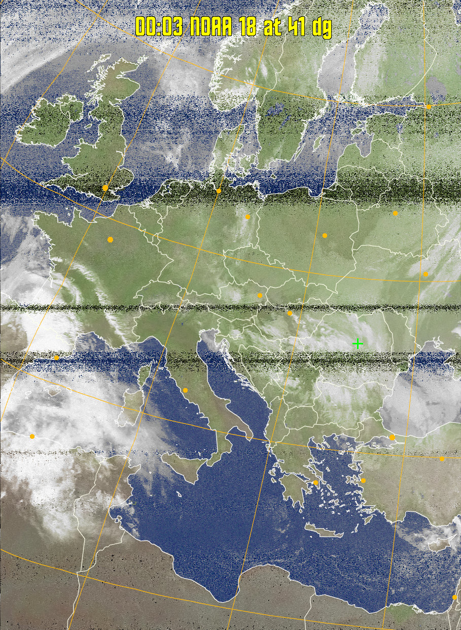 MCIR-precip: 
Colours the NOAA sensor 4 IR image using a map to colour the sea blue and land
green. High clouds appear white, lower clouds gray or land/sea coloured, clouds
generally appear lighter, but distinguishing between land/sea and low cloud may
be difficult. Darker colours indicate warmer regions.