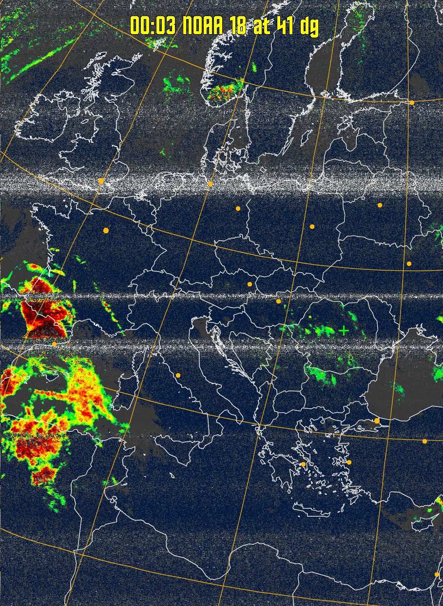 MSA-precip:
Same as MSA multispectral analysis, but high cold cloud tops are coloured the
same as the NO enhancement to give an approximate indication of the probability
and intensity of precipitation.