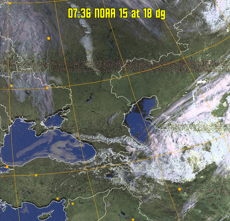 HVCT:
Similar to HVC, but with blue water and with colours more indicative of
land temperatures.
HVC:
Creates a false colour image from NOAA APT images based on temperature using
the HVC colour model. Uses the temperature derived from the sensor 4 image to
select the hue and the brightness from the histogram equalised other image to
select the value and chroma. The HVC colour model attempts to ensure that different colours at the same value will appear to the eye to be the same brightness
and the spacing between colours representing each degree will appear to the eye to
be similar. Bright areas are completely unsaturated in this model.