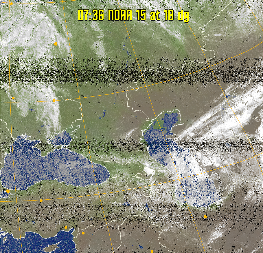 MCIR-precip: 
Colours the NOAA sensor 4 IR image using a map to colour the sea blue and land
green. High clouds appear white, lower clouds gray or land/sea coloured, clouds
generally appear lighter, but distinguishing between land/sea and low cloud may
be difficult. Darker colours indicate warmer regions.