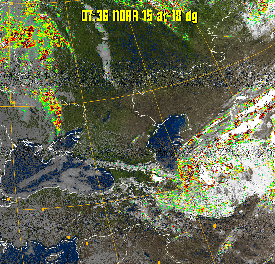MSA-precip:
Same as MSA multispectral analysis, but high cold cloud tops are coloured the
same as the NO enhancement to give an approximate indication of the probability
and intensity of precipitation.
