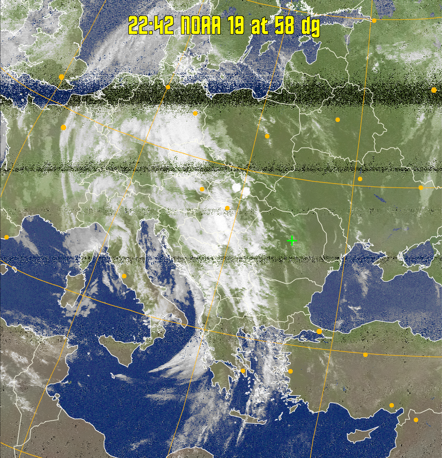 MCIR-precip: 
Colours the NOAA sensor 4 IR image using a map to colour the sea blue and land
green. High clouds appear white, lower clouds gray or land/sea coloured, clouds
generally appear lighter, but distinguishing between land/sea and low cloud may
be difficult. Darker colours indicate warmer regions.