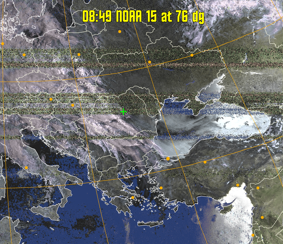 HVCT:
Similar to HVC, but with blue water and with colours more indicative of
land temperatures.
HVC:
Creates a false colour image from NOAA APT images based on temperature using
the HVC colour model. Uses the temperature derived from the sensor 4 image to
select the hue and the brightness from the histogram equalised other image to
select the value and chroma. The HVC colour model attempts to ensure that different colours at the same value will appear to the eye to be the same brightness
and the spacing between colours representing each degree will appear to the eye to
be similar. Bright areas are completely unsaturated in this model.