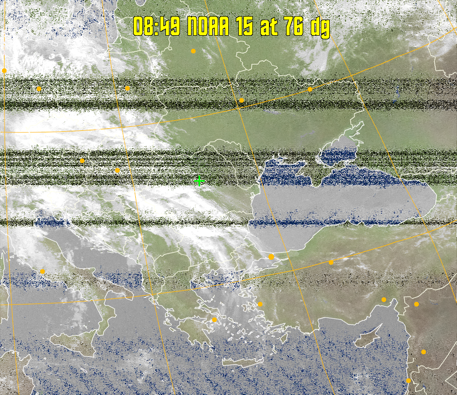 MCIR-precip: 
Colours the NOAA sensor 4 IR image using a map to colour the sea blue and land
green. High clouds appear white, lower clouds gray or land/sea coloured, clouds
generally appear lighter, but distinguishing between land/sea and low cloud may
be difficult. Darker colours indicate warmer regions.