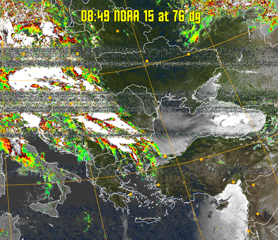 MSA-precip:
Same as MSA multispectral analysis, but high cold cloud tops are coloured the
same as the NO enhancement to give an approximate indication of the probability
and intensity of precipitation.