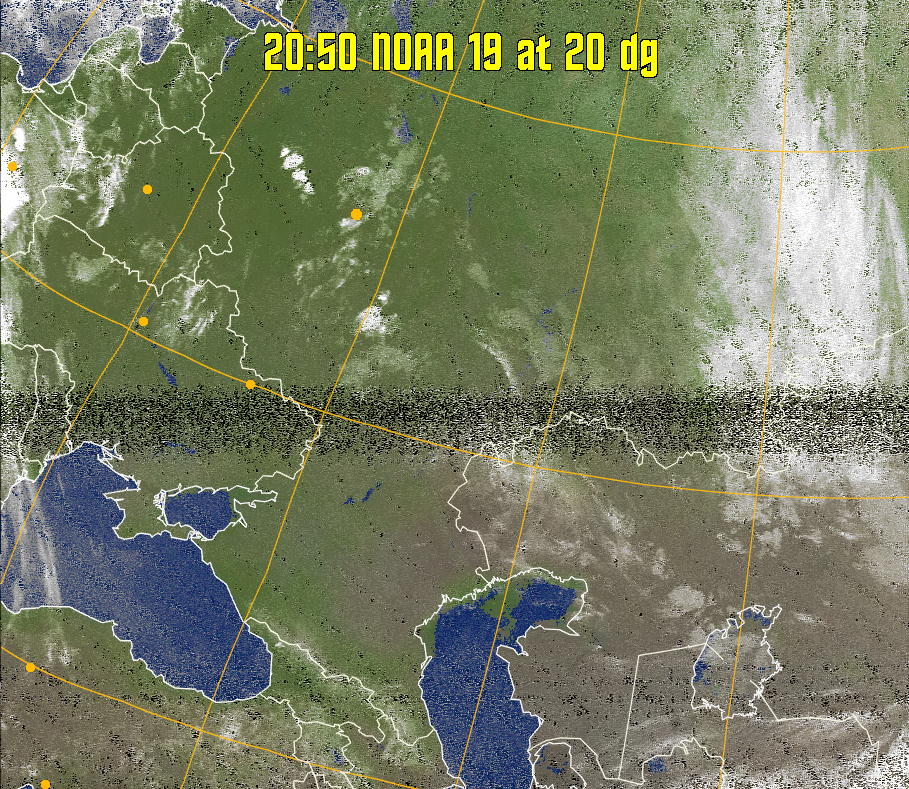 MCIR-precip: 
Colours the NOAA sensor 4 IR image using a map to colour the sea blue and land
green. High clouds appear white, lower clouds gray or land/sea coloured, clouds
generally appear lighter, but distinguishing between land/sea and low cloud may
be difficult. Darker colours indicate warmer regions.