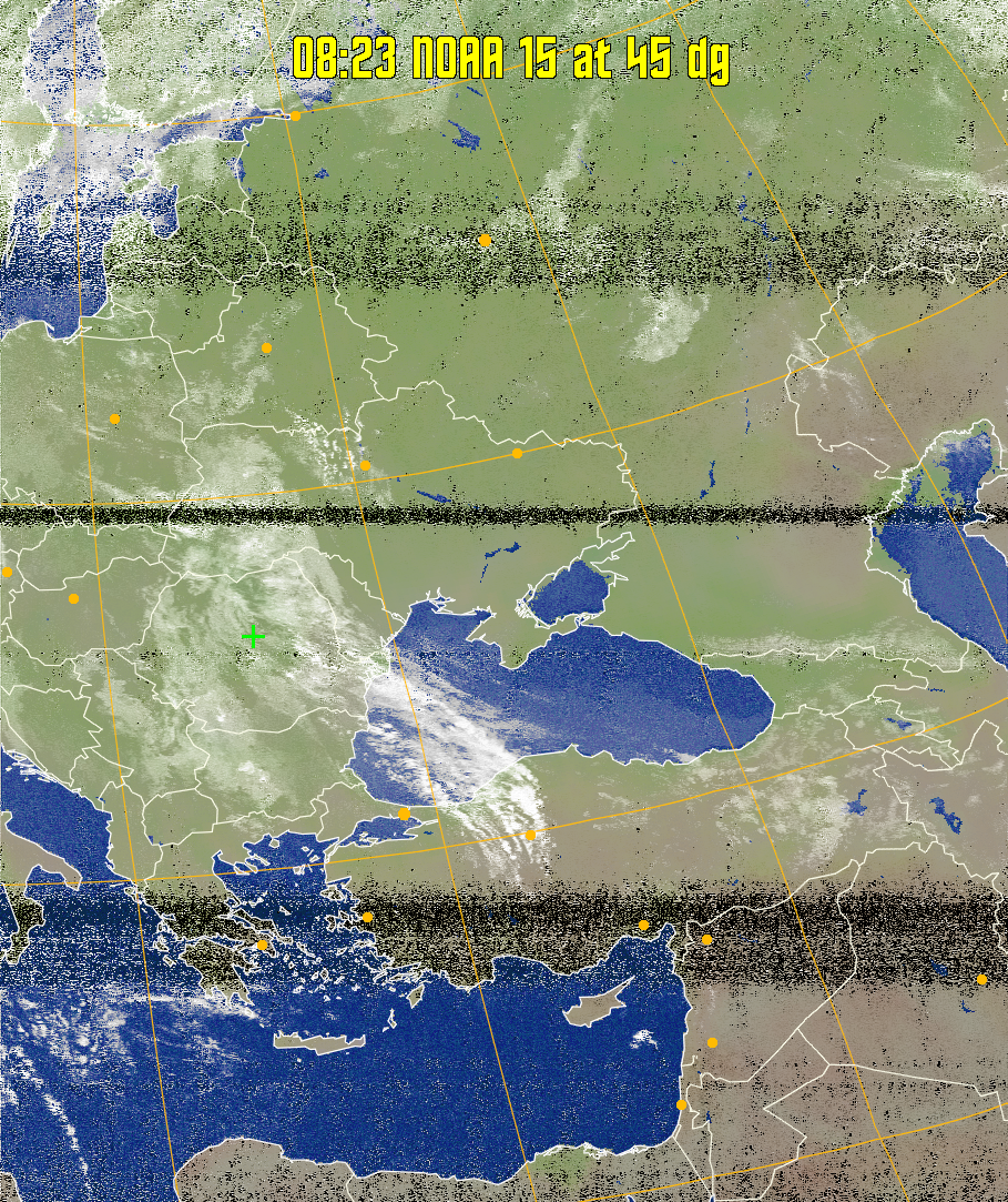 MCIR-precip: 
Colours the NOAA sensor 4 IR image using a map to colour the sea blue and land
green. High clouds appear white, lower clouds gray or land/sea coloured, clouds
generally appear lighter, but distinguishing between land/sea and low cloud may
be difficult. Darker colours indicate warmer regions.