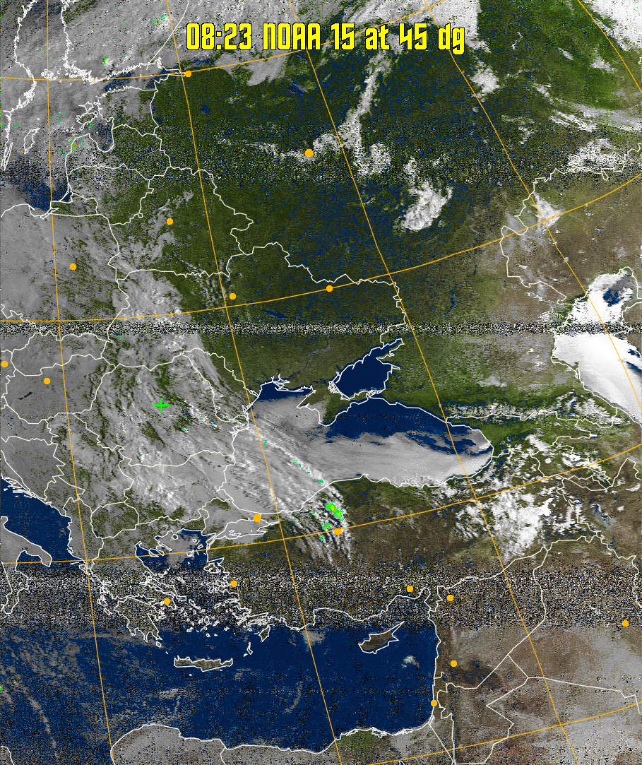 MSA-precip:
Same as MSA multispectral analysis, but high cold cloud tops are coloured the
same as the NO enhancement to give an approximate indication of the probability
and intensity of precipitation.