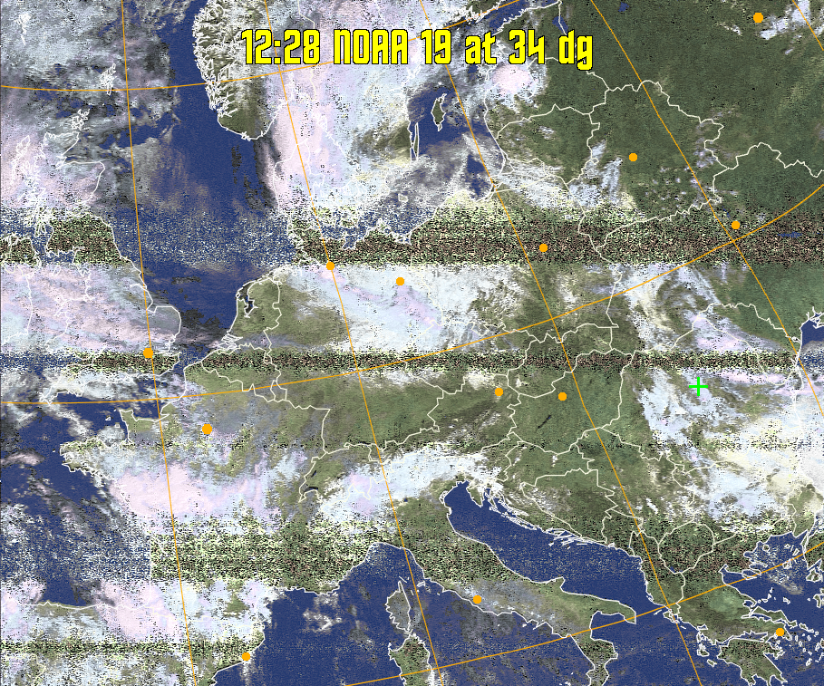 HVCT:
Similar to HVC, but with blue water and with colours more indicative of
land temperatures.
HVC:
Creates a false colour image from NOAA APT images based on temperature using
the HVC colour model. Uses the temperature derived from the sensor 4 image to
select the hue and the brightness from the histogram equalised other image to
select the value and chroma. The HVC colour model attempts to ensure that different colours at the same value will appear to the eye to be the same brightness
and the spacing between colours representing each degree will appear to the eye to
be similar. Bright areas are completely unsaturated in this model.