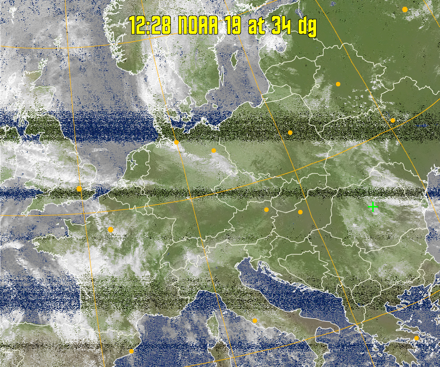 MCIR-precip: 
Colours the NOAA sensor 4 IR image using a map to colour the sea blue and land
green. High clouds appear white, lower clouds gray or land/sea coloured, clouds
generally appear lighter, but distinguishing between land/sea and low cloud may
be difficult. Darker colours indicate warmer regions.
