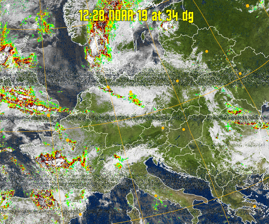 MSA-precip:
Same as MSA multispectral analysis, but high cold cloud tops are coloured the
same as the NO enhancement to give an approximate indication of the probability
and intensity of precipitation.