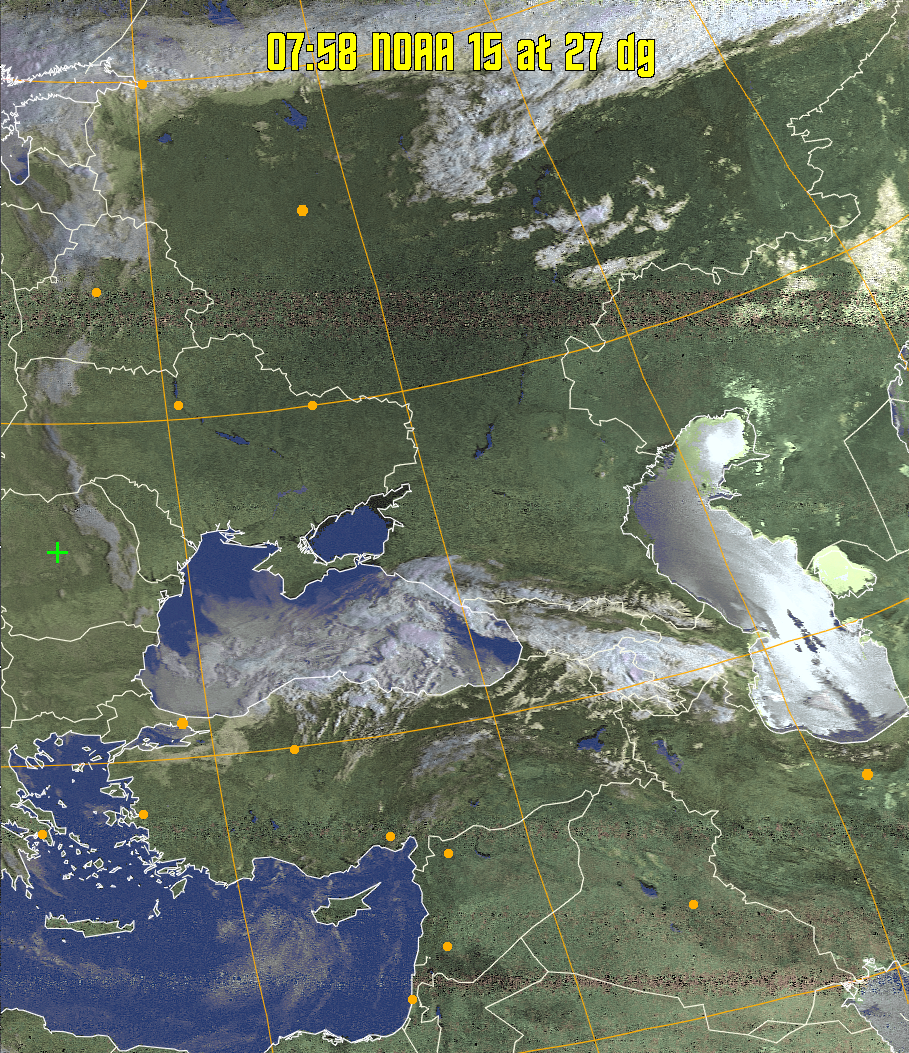 HVCT:
Similar to HVC, but with blue water and with colours more indicative of
land temperatures.
HVC:
Creates a false colour image from NOAA APT images based on temperature using
the HVC colour model. Uses the temperature derived from the sensor 4 image to
select the hue and the brightness from the histogram equalised other image to
select the value and chroma. The HVC colour model attempts to ensure that different colours at the same value will appear to the eye to be the same brightness
and the spacing between colours representing each degree will appear to the eye to
be similar. Bright areas are completely unsaturated in this model.