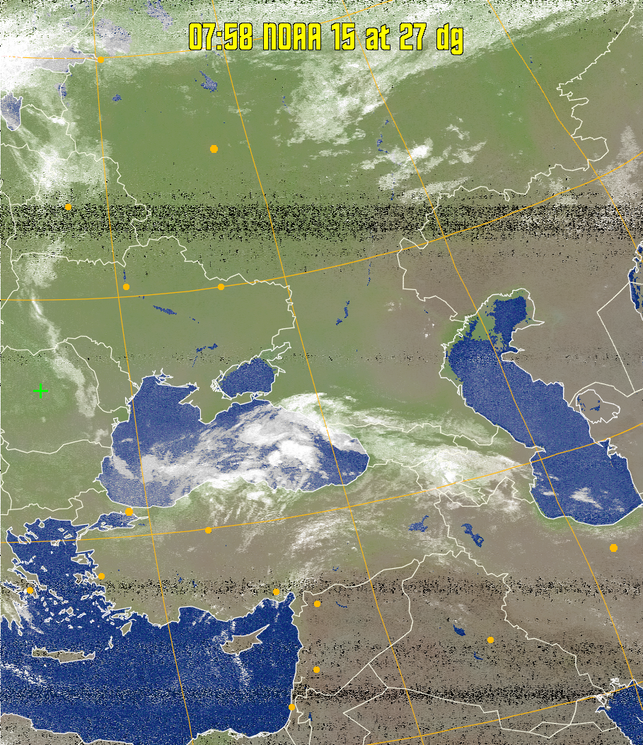 MCIR-precip: 
Colours the NOAA sensor 4 IR image using a map to colour the sea blue and land
green. High clouds appear white, lower clouds gray or land/sea coloured, clouds
generally appear lighter, but distinguishing between land/sea and low cloud may
be difficult. Darker colours indicate warmer regions.
