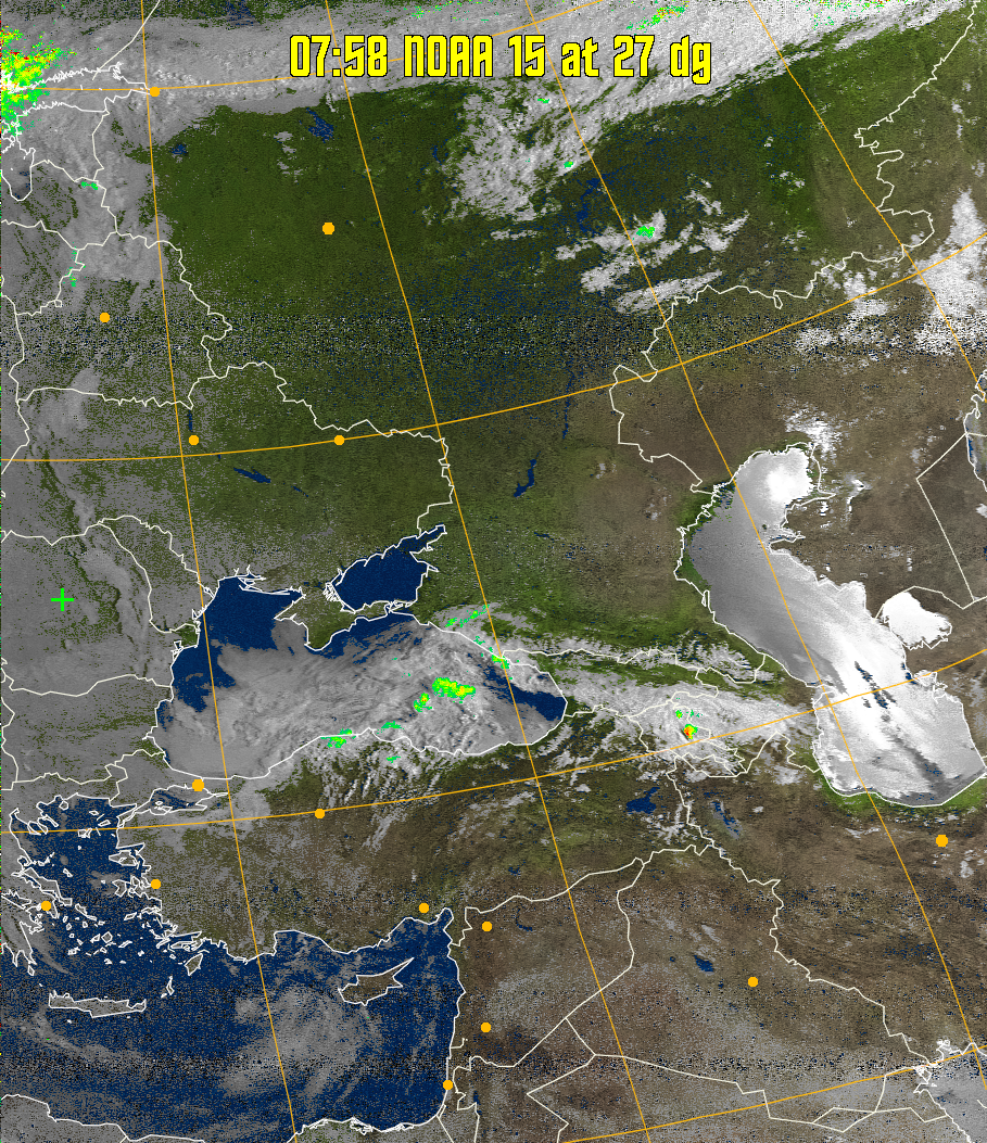 MSA-precip:
Same as MSA multispectral analysis, but high cold cloud tops are coloured the
same as the NO enhancement to give an approximate indication of the probability
and intensity of precipitation.