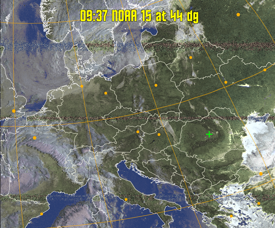 HVCT:
Similar to HVC, but with blue water and with colours more indicative of
land temperatures.
HVC:
Creates a false colour image from NOAA APT images based on temperature using
the HVC colour model. Uses the temperature derived from the sensor 4 image to
select the hue and the brightness from the histogram equalised other image to
select the value and chroma. The HVC colour model attempts to ensure that different colours at the same value will appear to the eye to be the same brightness
and the spacing between colours representing each degree will appear to the eye to
be similar. Bright areas are completely unsaturated in this model.