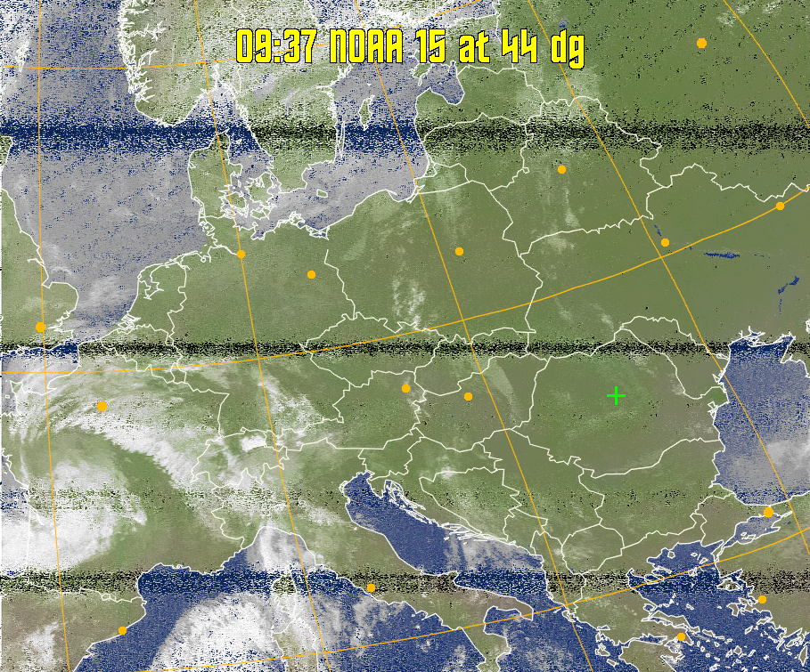 MCIR-precip: 
Colours the NOAA sensor 4 IR image using a map to colour the sea blue and land
green. High clouds appear white, lower clouds gray or land/sea coloured, clouds
generally appear lighter, but distinguishing between land/sea and low cloud may
be difficult. Darker colours indicate warmer regions.