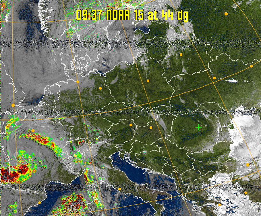 MSA-precip:
Same as MSA multispectral analysis, but high cold cloud tops are coloured the
same as the NO enhancement to give an approximate indication of the probability
and intensity of precipitation.