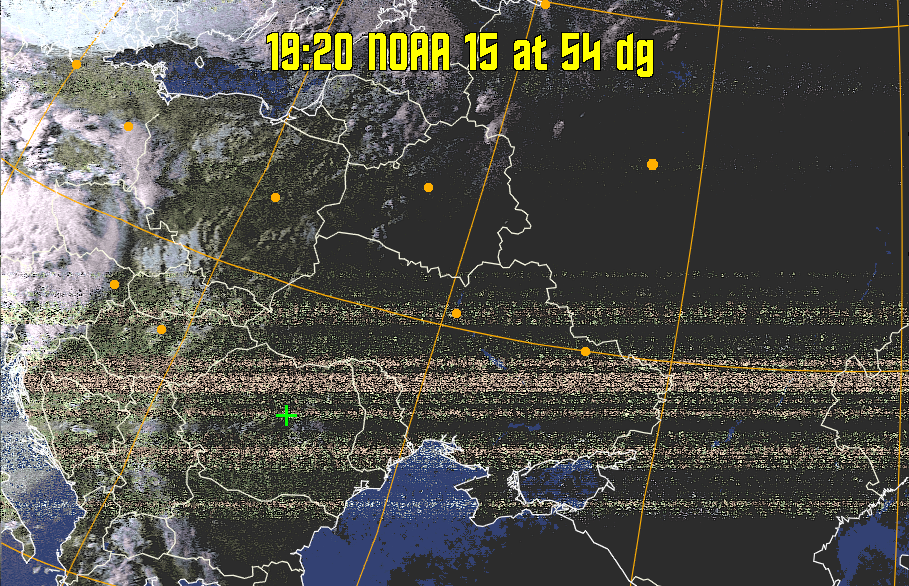 HVCT:
Similar to HVC, but with blue water and with colours more indicative of
land temperatures.
HVC:
Creates a false colour image from NOAA APT images based on temperature using
the HVC colour model. Uses the temperature derived from the sensor 4 image to
select the hue and the brightness from the histogram equalised other image to
select the value and chroma. The HVC colour model attempts to ensure that different colours at the same value will appear to the eye to be the same brightness
and the spacing between colours representing each degree will appear to the eye to
be similar. Bright areas are completely unsaturated in this model.