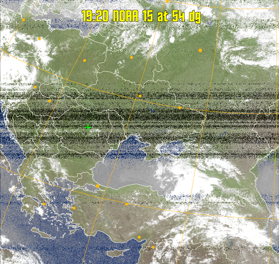 MCIR-precip: 
Colours the NOAA sensor 4 IR image using a map to colour the sea blue and land
green. High clouds appear white, lower clouds gray or land/sea coloured, clouds
generally appear lighter, but distinguishing between land/sea and low cloud may
be difficult. Darker colours indicate warmer regions.