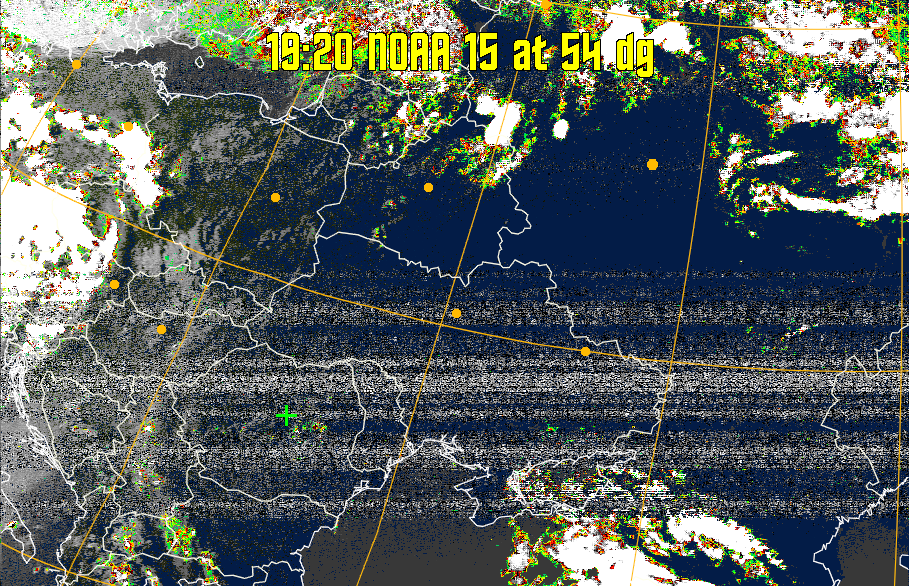 MSA-precip:
Same as MSA multispectral analysis, but high cold cloud tops are coloured the
same as the NO enhancement to give an approximate indication of the probability
and intensity of precipitation.
