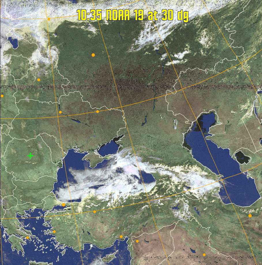 HVCT:
Similar to HVC, but with blue water and with colours more indicative of
land temperatures.
HVC:
Creates a false colour image from NOAA APT images based on temperature using
the HVC colour model. Uses the temperature derived from the sensor 4 image to
select the hue and the brightness from the histogram equalised other image to
select the value and chroma. The HVC colour model attempts to ensure that different colours at the same value will appear to the eye to be the same brightness
and the spacing between colours representing each degree will appear to the eye to
be similar. Bright areas are completely unsaturated in this model.