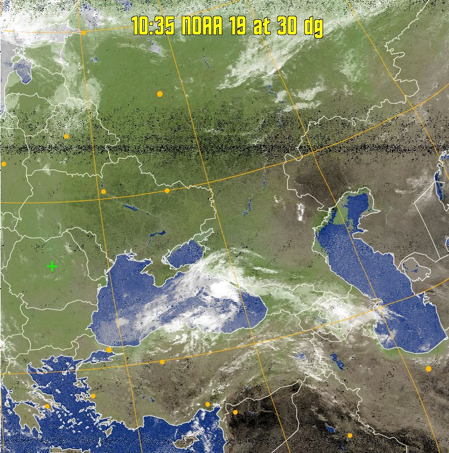 MCIR-precip: 
Colours the NOAA sensor 4 IR image using a map to colour the sea blue and land
green. High clouds appear white, lower clouds gray or land/sea coloured, clouds
generally appear lighter, but distinguishing between land/sea and low cloud may
be difficult. Darker colours indicate warmer regions.