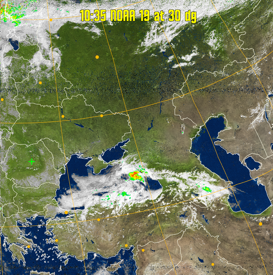 MSA-precip:
Same as MSA multispectral analysis, but high cold cloud tops are coloured the
same as the NO enhancement to give an approximate indication of the probability
and intensity of precipitation.