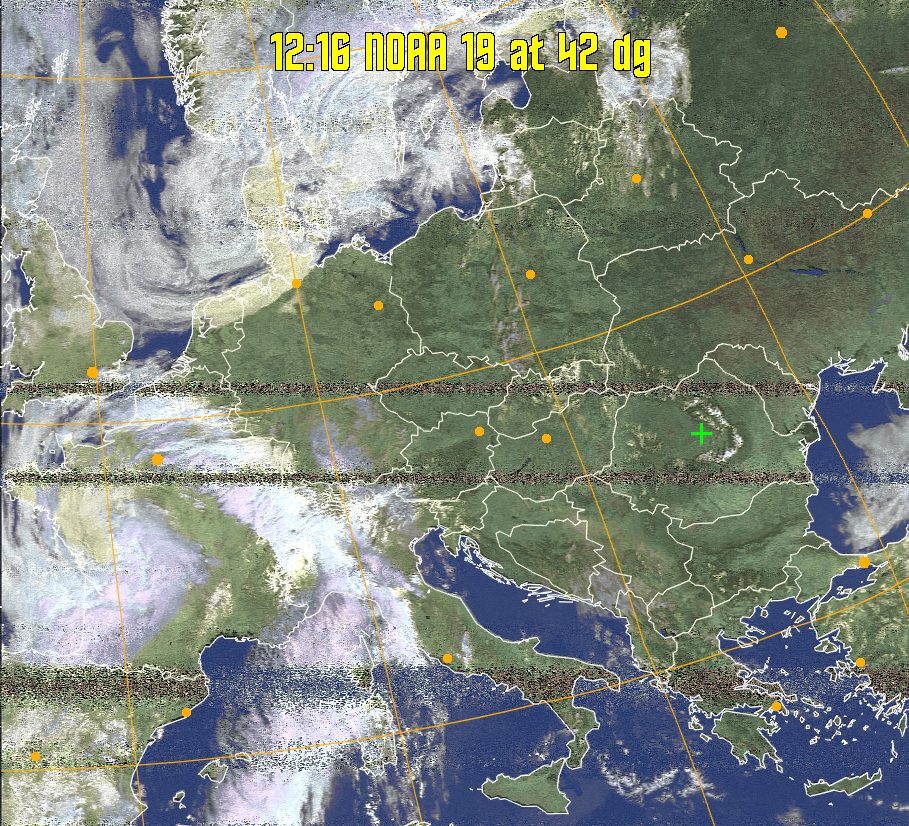 HVCT:
Similar to HVC, but with blue water and with colours more indicative of
land temperatures.
HVC:
Creates a false colour image from NOAA APT images based on temperature using
the HVC colour model. Uses the temperature derived from the sensor 4 image to
select the hue and the brightness from the histogram equalised other image to
select the value and chroma. The HVC colour model attempts to ensure that different colours at the same value will appear to the eye to be the same brightness
and the spacing between colours representing each degree will appear to the eye to
be similar. Bright areas are completely unsaturated in this model.