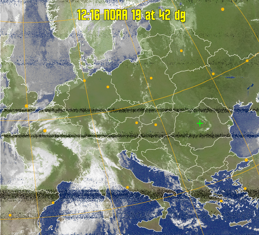 MCIR-precip: 
Colours the NOAA sensor 4 IR image using a map to colour the sea blue and land
green. High clouds appear white, lower clouds gray or land/sea coloured, clouds
generally appear lighter, but distinguishing between land/sea and low cloud may
be difficult. Darker colours indicate warmer regions.