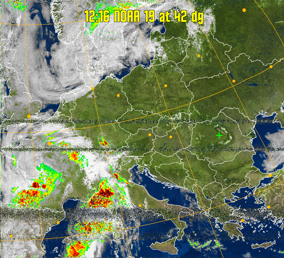 MSA-precip:
Same as MSA multispectral analysis, but high cold cloud tops are coloured the
same as the NO enhancement to give an approximate indication of the probability
and intensity of precipitation.