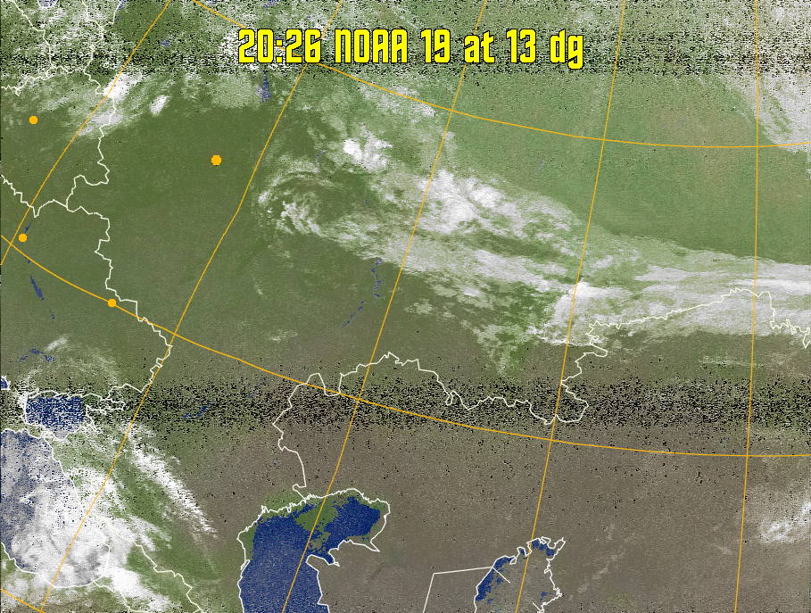 MCIR-precip: 
Colours the NOAA sensor 4 IR image using a map to colour the sea blue and land
green. High clouds appear white, lower clouds gray or land/sea coloured, clouds
generally appear lighter, but distinguishing between land/sea and low cloud may
be difficult. Darker colours indicate warmer regions.