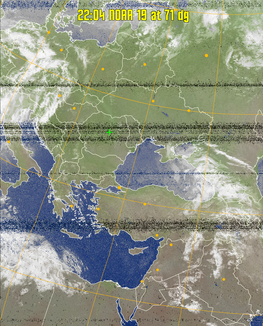 MCIR-precip: 
Colours the NOAA sensor 4 IR image using a map to colour the sea blue and land
green. High clouds appear white, lower clouds gray or land/sea coloured, clouds
generally appear lighter, but distinguishing between land/sea and low cloud may
be difficult. Darker colours indicate warmer regions.