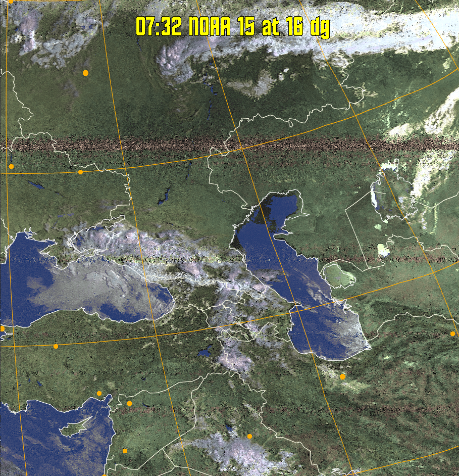 HVCT:
Similar to HVC, but with blue water and with colours more indicative of
land temperatures.
HVC:
Creates a false colour image from NOAA APT images based on temperature using
the HVC colour model. Uses the temperature derived from the sensor 4 image to
select the hue and the brightness from the histogram equalised other image to
select the value and chroma. The HVC colour model attempts to ensure that different colours at the same value will appear to the eye to be the same brightness
and the spacing between colours representing each degree will appear to the eye to
be similar. Bright areas are completely unsaturated in this model.