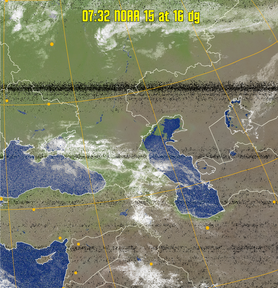 MCIR-precip: 
Colours the NOAA sensor 4 IR image using a map to colour the sea blue and land
green. High clouds appear white, lower clouds gray or land/sea coloured, clouds
generally appear lighter, but distinguishing between land/sea and low cloud may
be difficult. Darker colours indicate warmer regions.