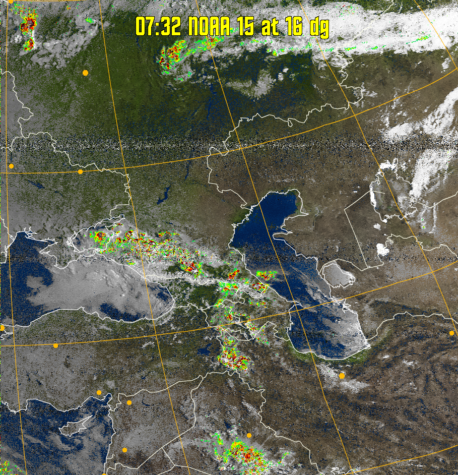 MSA-precip:
Same as MSA multispectral analysis, but high cold cloud tops are coloured the
same as the NO enhancement to give an approximate indication of the probability
and intensity of precipitation.