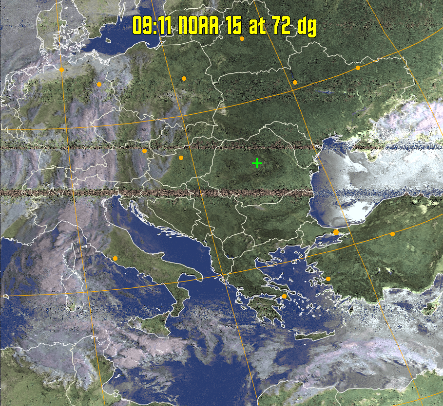 HVCT:
Similar to HVC, but with blue water and with colours more indicative of
land temperatures.
HVC:
Creates a false colour image from NOAA APT images based on temperature using
the HVC colour model. Uses the temperature derived from the sensor 4 image to
select the hue and the brightness from the histogram equalised other image to
select the value and chroma. The HVC colour model attempts to ensure that different colours at the same value will appear to the eye to be the same brightness
and the spacing between colours representing each degree will appear to the eye to
be similar. Bright areas are completely unsaturated in this model.