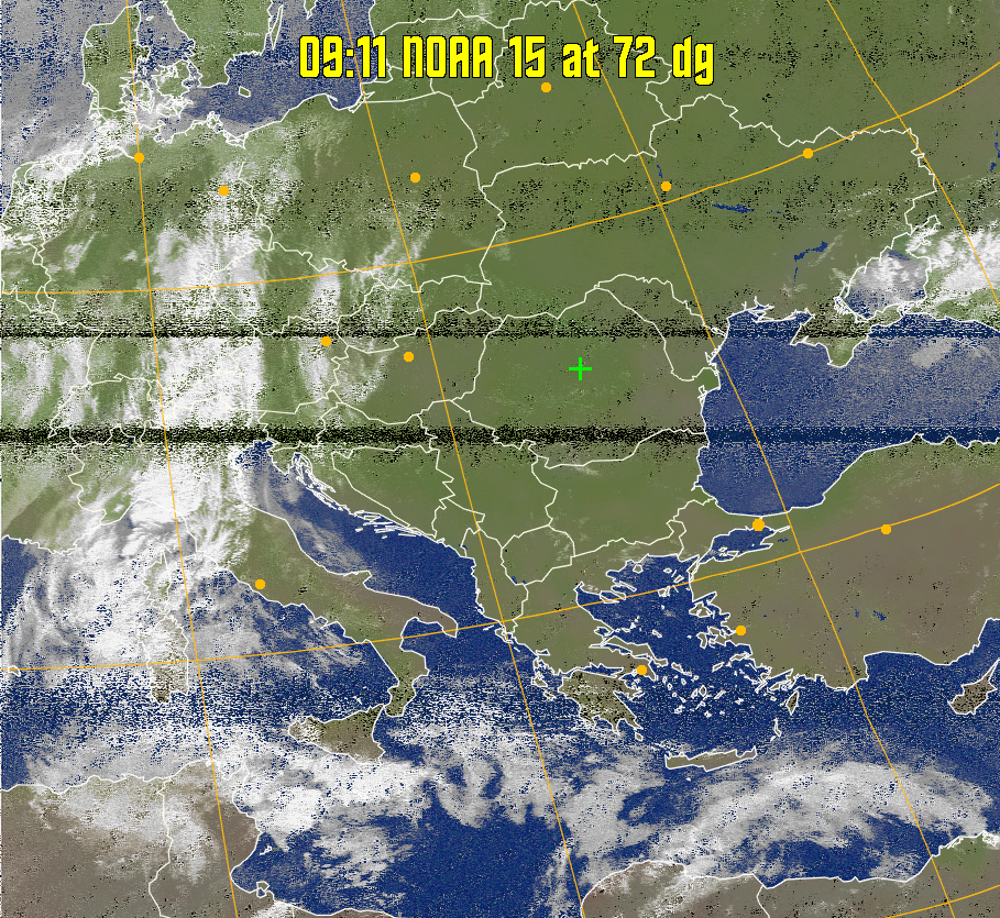 MCIR-precip: 
Colours the NOAA sensor 4 IR image using a map to colour the sea blue and land
green. High clouds appear white, lower clouds gray or land/sea coloured, clouds
generally appear lighter, but distinguishing between land/sea and low cloud may
be difficult. Darker colours indicate warmer regions.