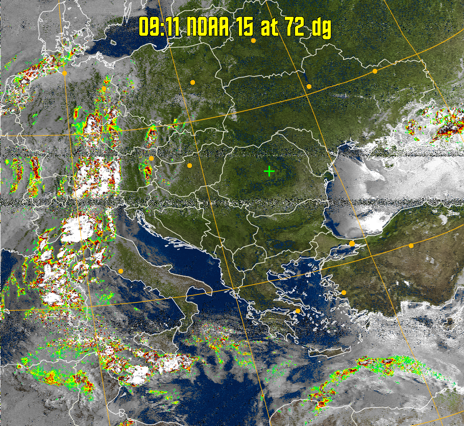 MSA-precip:
Same as MSA multispectral analysis, but high cold cloud tops are coloured the
same as the NO enhancement to give an approximate indication of the probability
and intensity of precipitation.