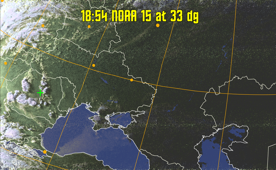 HVCT:
Similar to HVC, but with blue water and with colours more indicative of
land temperatures.
HVC:
Creates a false colour image from NOAA APT images based on temperature using
the HVC colour model. Uses the temperature derived from the sensor 4 image to
select the hue and the brightness from the histogram equalised other image to
select the value and chroma. The HVC colour model attempts to ensure that different colours at the same value will appear to the eye to be the same brightness
and the spacing between colours representing each degree will appear to the eye to
be similar. Bright areas are completely unsaturated in this model.