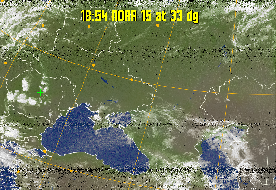 MCIR-precip: 
Colours the NOAA sensor 4 IR image using a map to colour the sea blue and land
green. High clouds appear white, lower clouds gray or land/sea coloured, clouds
generally appear lighter, but distinguishing between land/sea and low cloud may
be difficult. Darker colours indicate warmer regions.