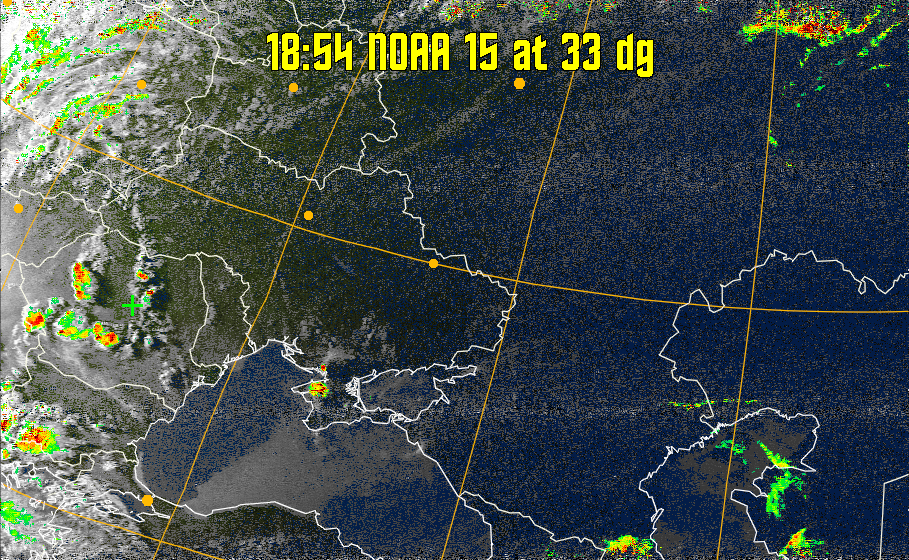 MSA-precip:
Same as MSA multispectral analysis, but high cold cloud tops are coloured the
same as the NO enhancement to give an approximate indication of the probability
and intensity of precipitation.
