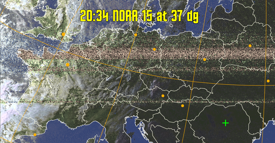 HVCT:
Similar to HVC, but with blue water and with colours more indicative of
land temperatures.
HVC:
Creates a false colour image from NOAA APT images based on temperature using
the HVC colour model. Uses the temperature derived from the sensor 4 image to
select the hue and the brightness from the histogram equalised other image to
select the value and chroma. The HVC colour model attempts to ensure that different colours at the same value will appear to the eye to be the same brightness
and the spacing between colours representing each degree will appear to the eye to
be similar. Bright areas are completely unsaturated in this model.