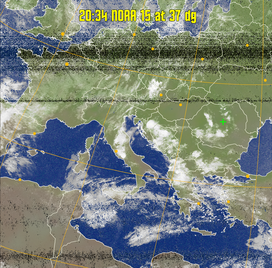 MCIR-precip: 
Colours the NOAA sensor 4 IR image using a map to colour the sea blue and land
green. High clouds appear white, lower clouds gray or land/sea coloured, clouds
generally appear lighter, but distinguishing between land/sea and low cloud may
be difficult. Darker colours indicate warmer regions.