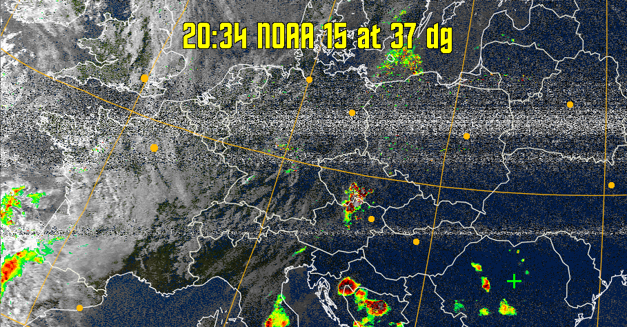 MSA-precip:
Same as MSA multispectral analysis, but high cold cloud tops are coloured the
same as the NO enhancement to give an approximate indication of the probability
and intensity of precipitation.