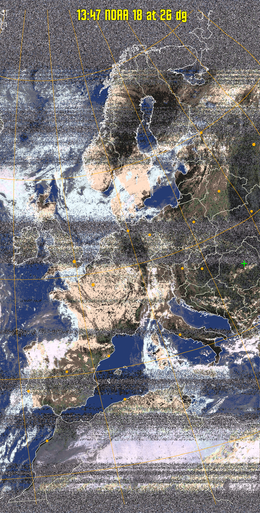 HVCT:
Similar to HVC, but with blue water and with colours more indicative of
land temperatures.
HVC:
Creates a false colour image from NOAA APT images based on temperature using
the HVC colour model. Uses the temperature derived from the sensor 4 image to
select the hue and the brightness from the histogram equalised other image to
select the value and chroma. The HVC colour model attempts to ensure that different colours at the same value will appear to the eye to be the same brightness
and the spacing between colours representing each degree will appear to the eye to
be similar. Bright areas are completely unsaturated in this model.