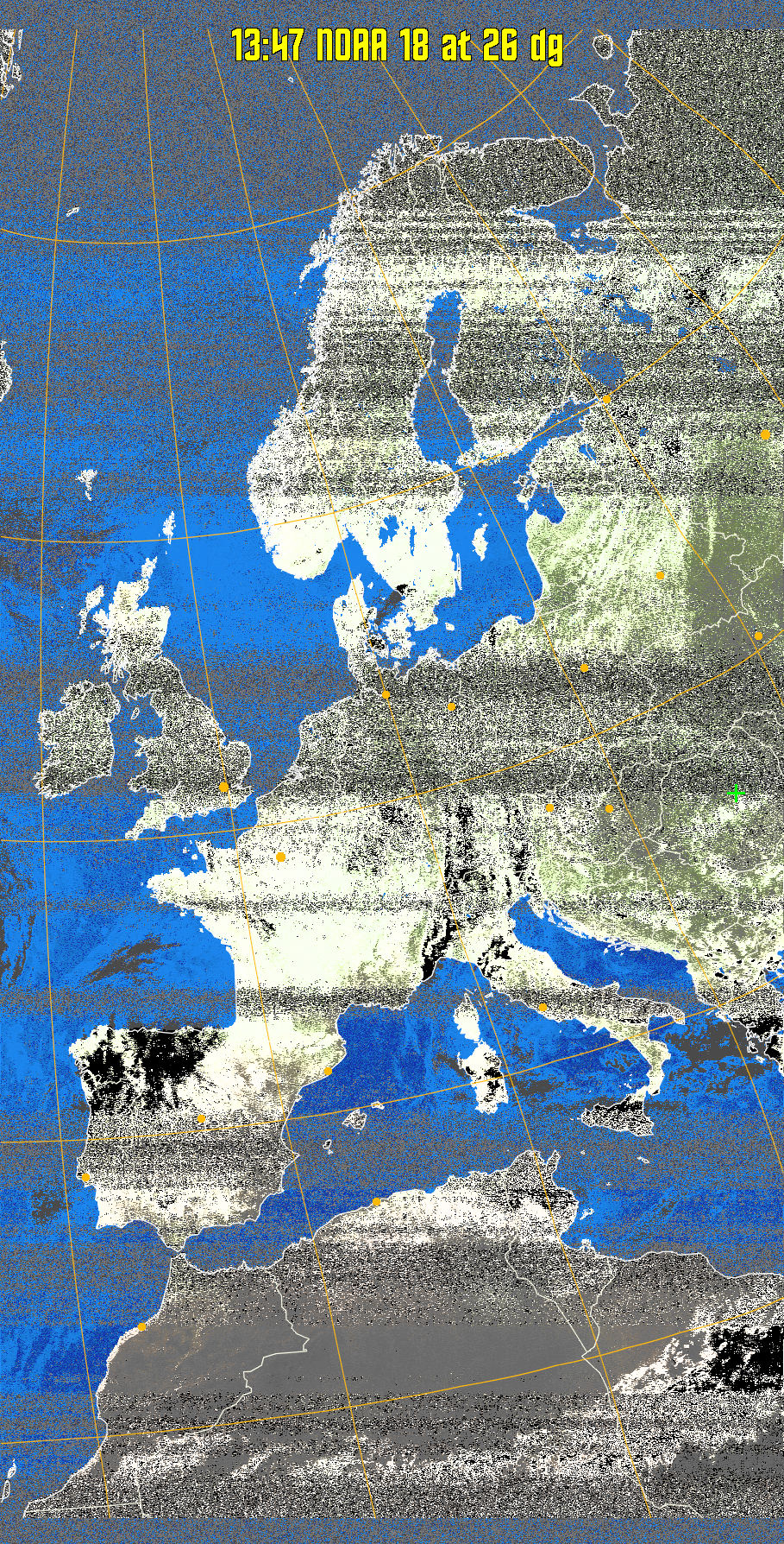 MCIR-precip: 
Colours the NOAA sensor 4 IR image using a map to colour the sea blue and land
green. High clouds appear white, lower clouds gray or land/sea coloured, clouds
generally appear lighter, but distinguishing between land/sea and low cloud may
be difficult. Darker colours indicate warmer regions.