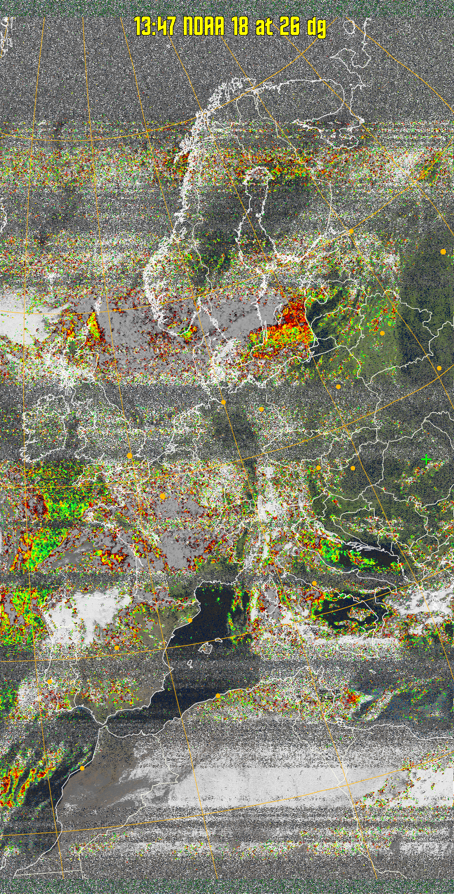 MSA-precip:
Same as MSA multispectral analysis, but high cold cloud tops are coloured the
same as the NO enhancement to give an approximate indication of the probability
and intensity of precipitation.