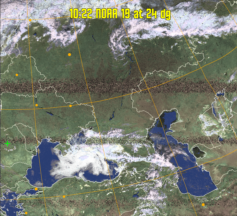 HVCT:
Similar to HVC, but with blue water and with colours more indicative of
land temperatures.
HVC:
Creates a false colour image from NOAA APT images based on temperature using
the HVC colour model. Uses the temperature derived from the sensor 4 image to
select the hue and the brightness from the histogram equalised other image to
select the value and chroma. The HVC colour model attempts to ensure that different colours at the same value will appear to the eye to be the same brightness
and the spacing between colours representing each degree will appear to the eye to
be similar. Bright areas are completely unsaturated in this model.
