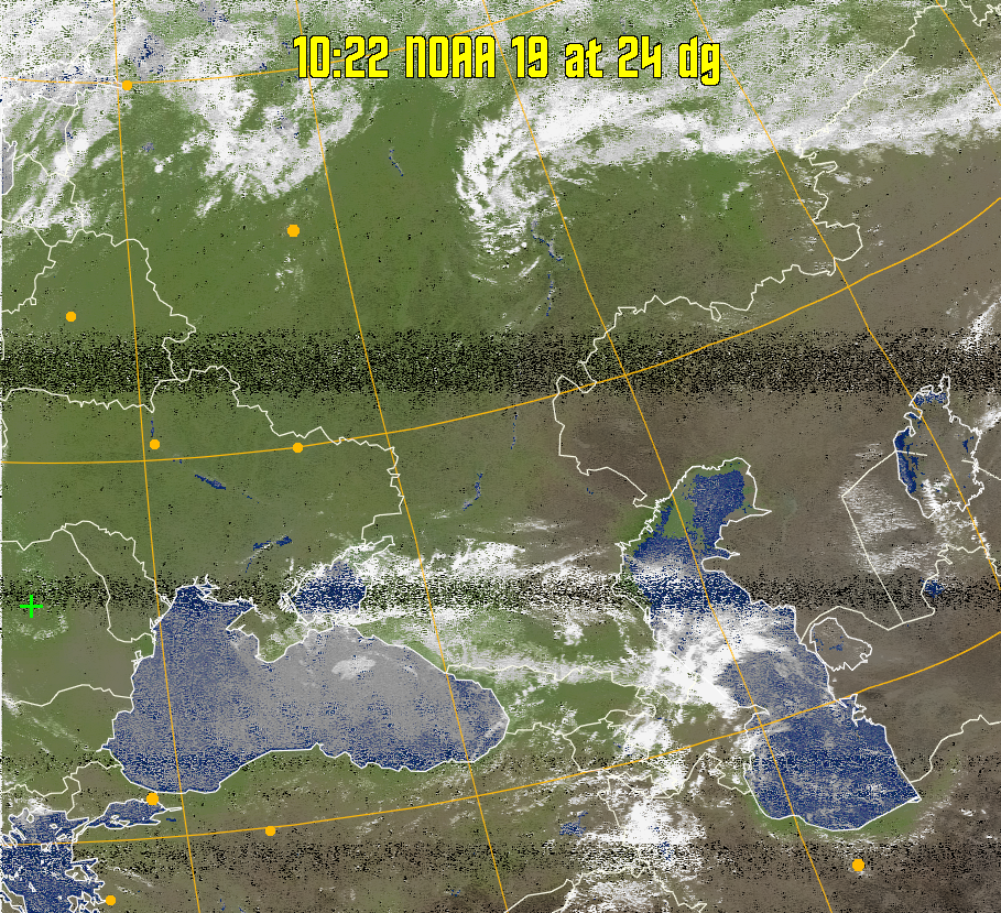MCIR-precip: 
Colours the NOAA sensor 4 IR image using a map to colour the sea blue and land
green. High clouds appear white, lower clouds gray or land/sea coloured, clouds
generally appear lighter, but distinguishing between land/sea and low cloud may
be difficult. Darker colours indicate warmer regions.