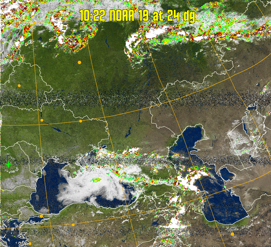 MSA-precip:
Same as MSA multispectral analysis, but high cold cloud tops are coloured the
same as the NO enhancement to give an approximate indication of the probability
and intensity of precipitation.